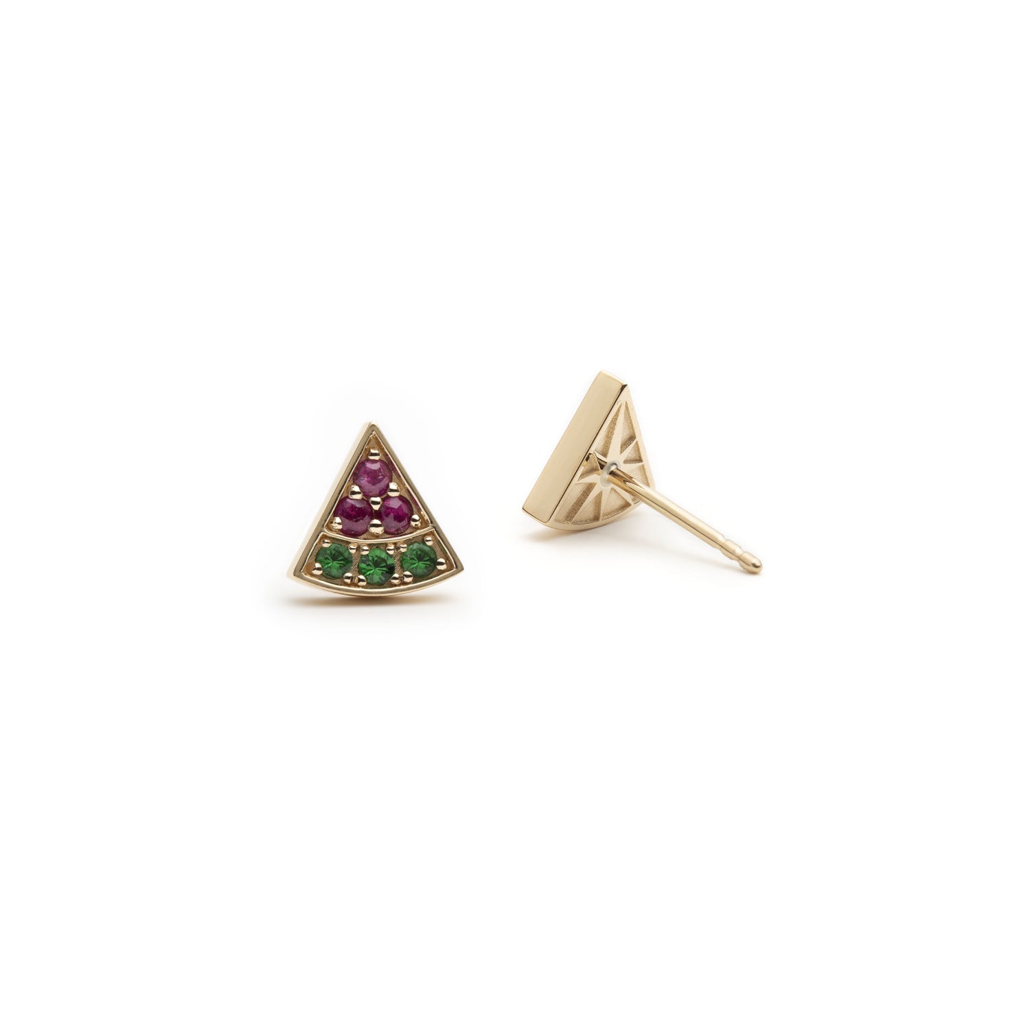 Watermelon Slice Ruby and Tsavorite Pavé Stud Earrings Back View