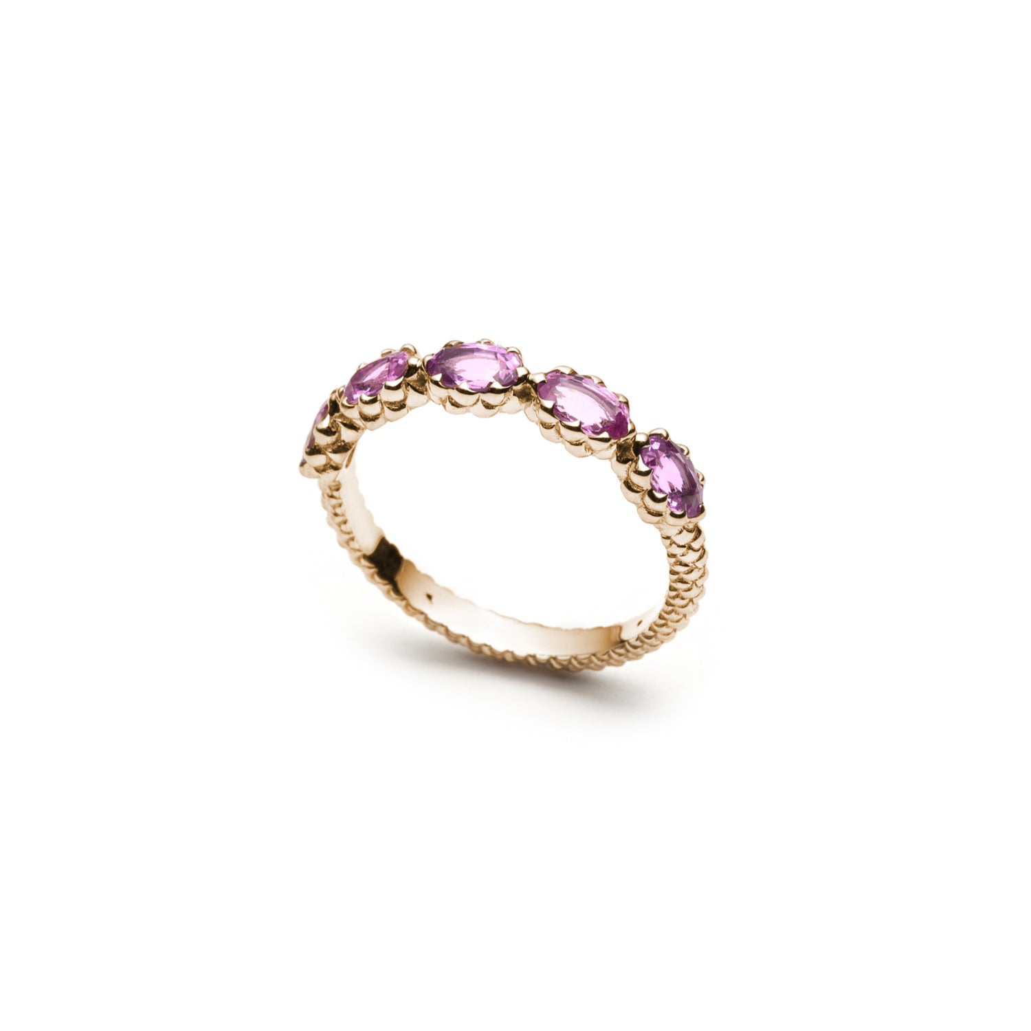 Lepia Oval Pink Sapphire Five-Stone Ring in Yellow Gold Side View