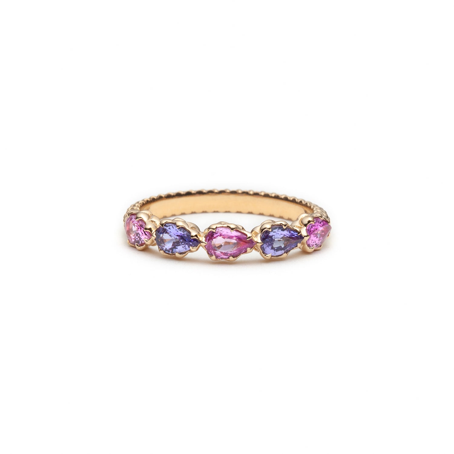 Lepia Pear-Shaped Pink and Purple Sapphire Five-Stone Ring in Yellow Gold