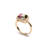 Elongated Cushion Cut Watermelon Tourmaline Diamond Halo East-West Ring