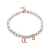 Armenian Initial and Step Motif Charm Pearl Bracelet in Rose Gold
