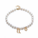 Armenian Initial and Step Motif Charm Pearl Bracelet in Yellow Gold