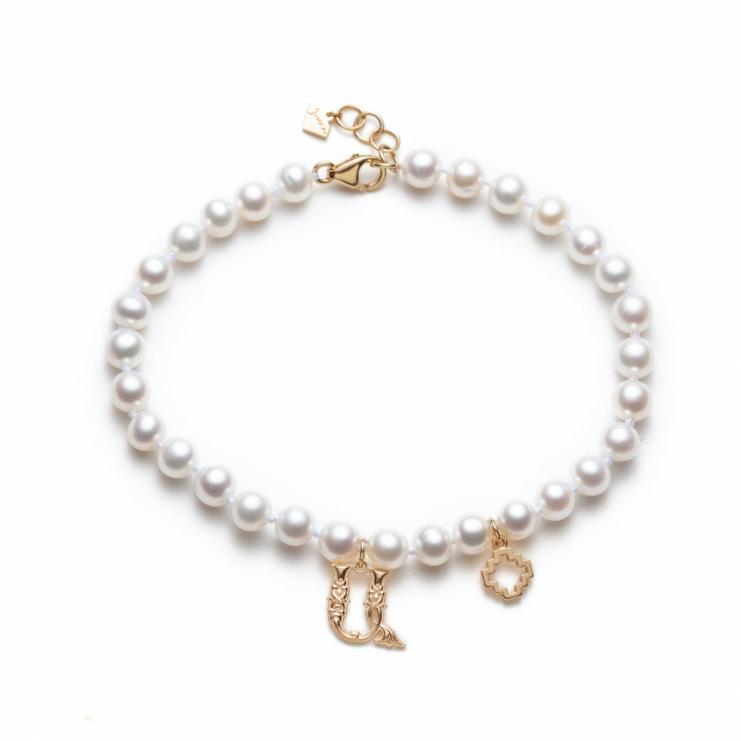 Armenian Initial and Step Motif Charm Pearl Bracelet in Yellow Gold