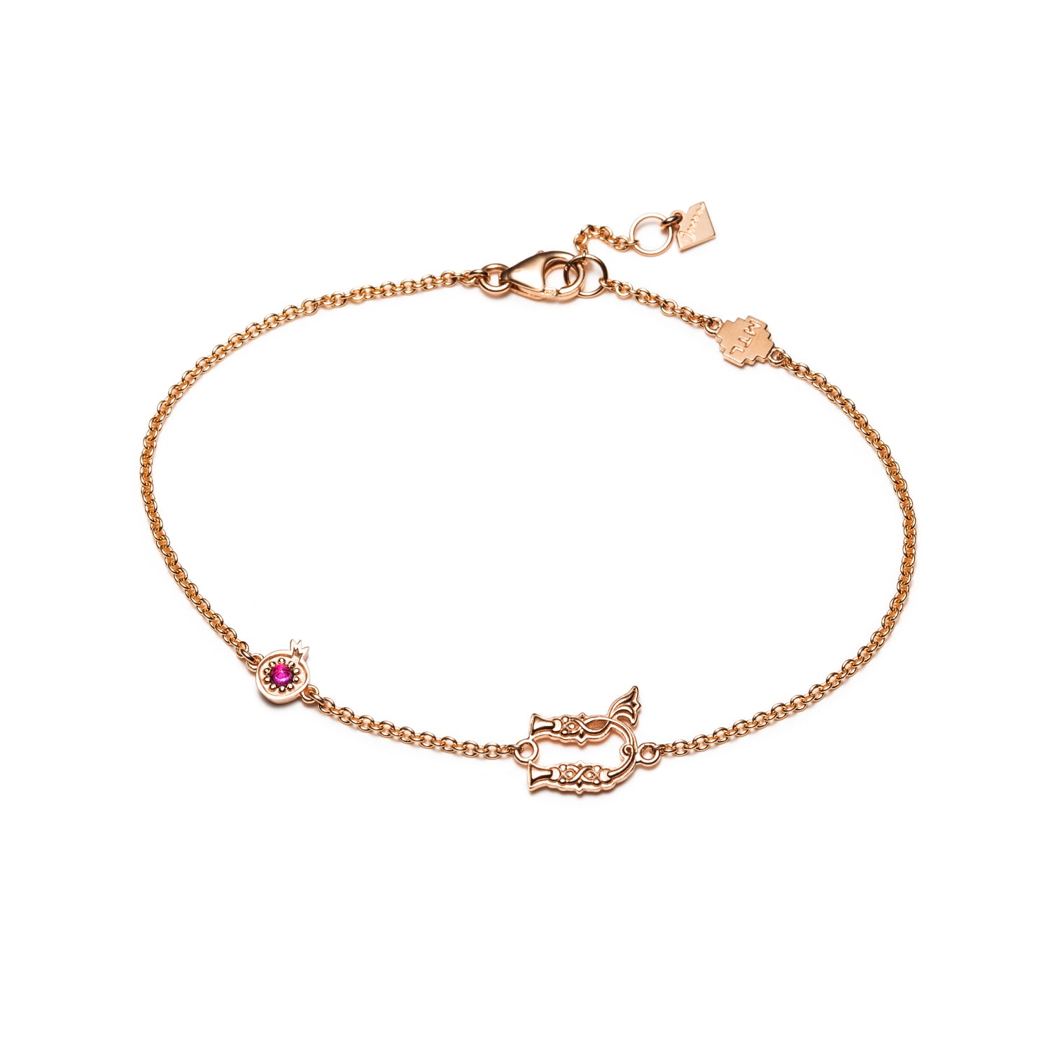 Armenian Letter and Pomegranate Ruby Motif Bracelet in Rose Gold