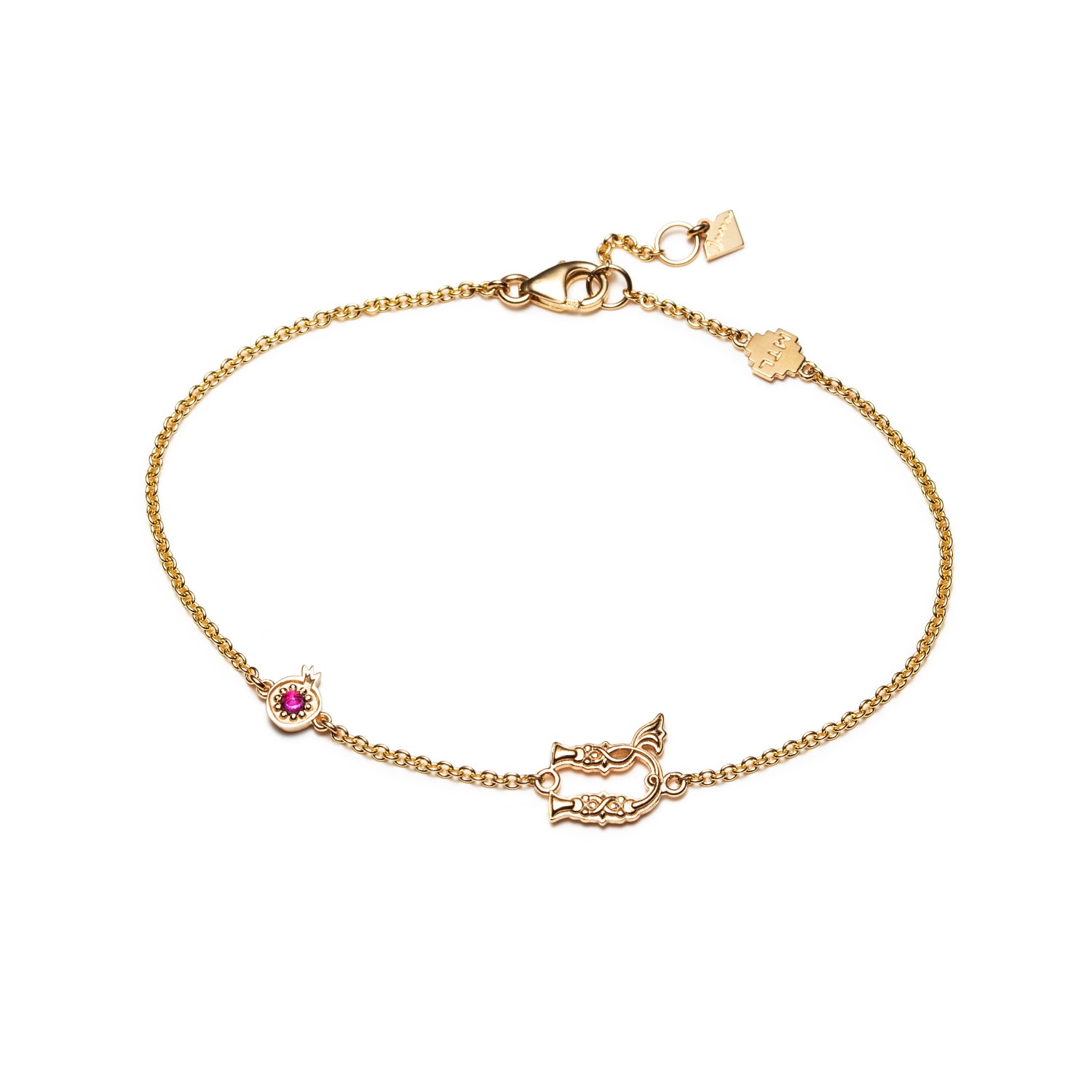 Armenian Letter and Pomegranate Ruby Motif Bracelet in Yellow Gold