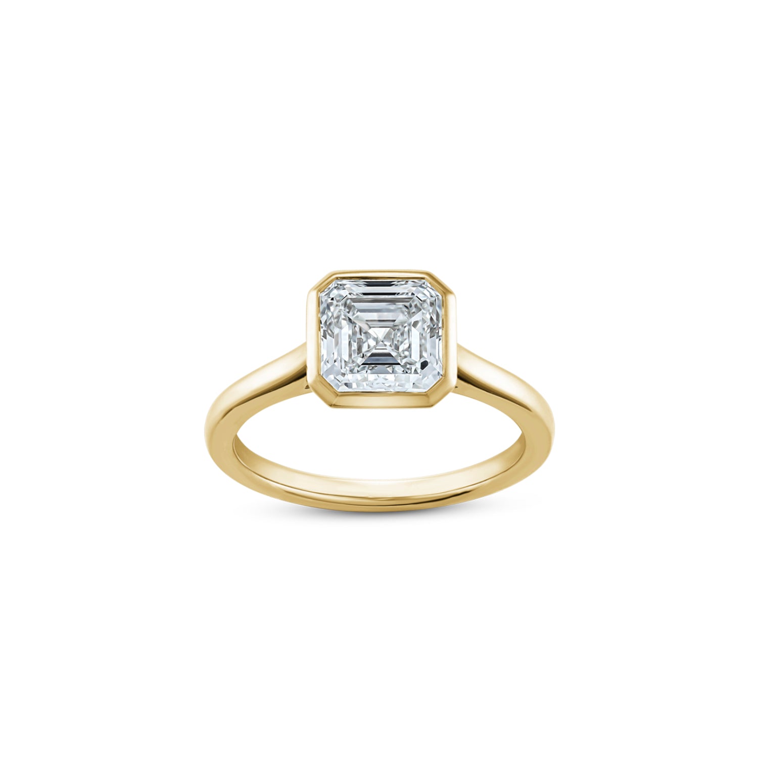 Asscher Cut Lab-Grown Diamond Bezel Solitaire Engagement Ring in Yellow Gold Front View