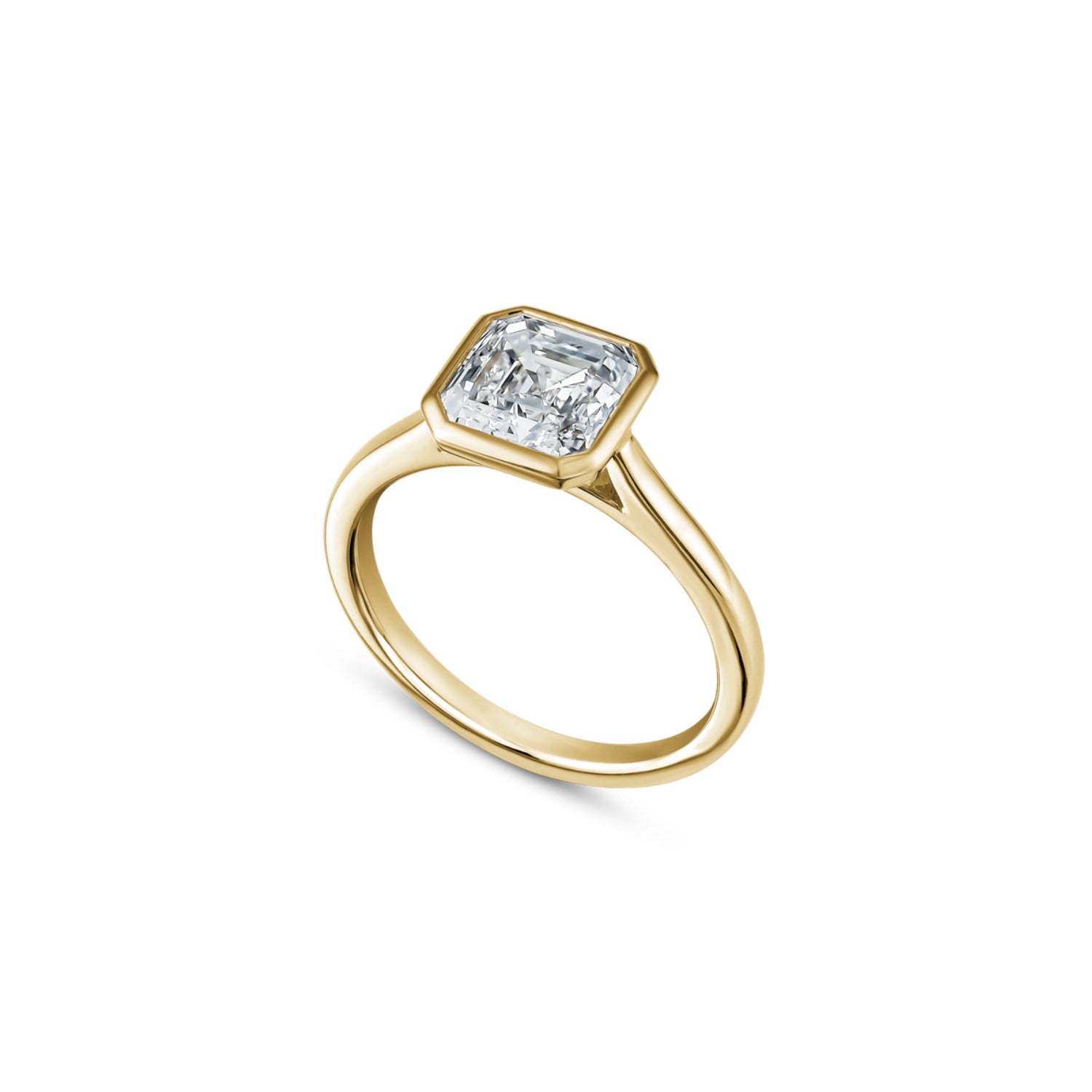 Asscher Cut Lab-Grown Diamond Bezel Solitaire Engagement Ring in Yellow Gold Side View