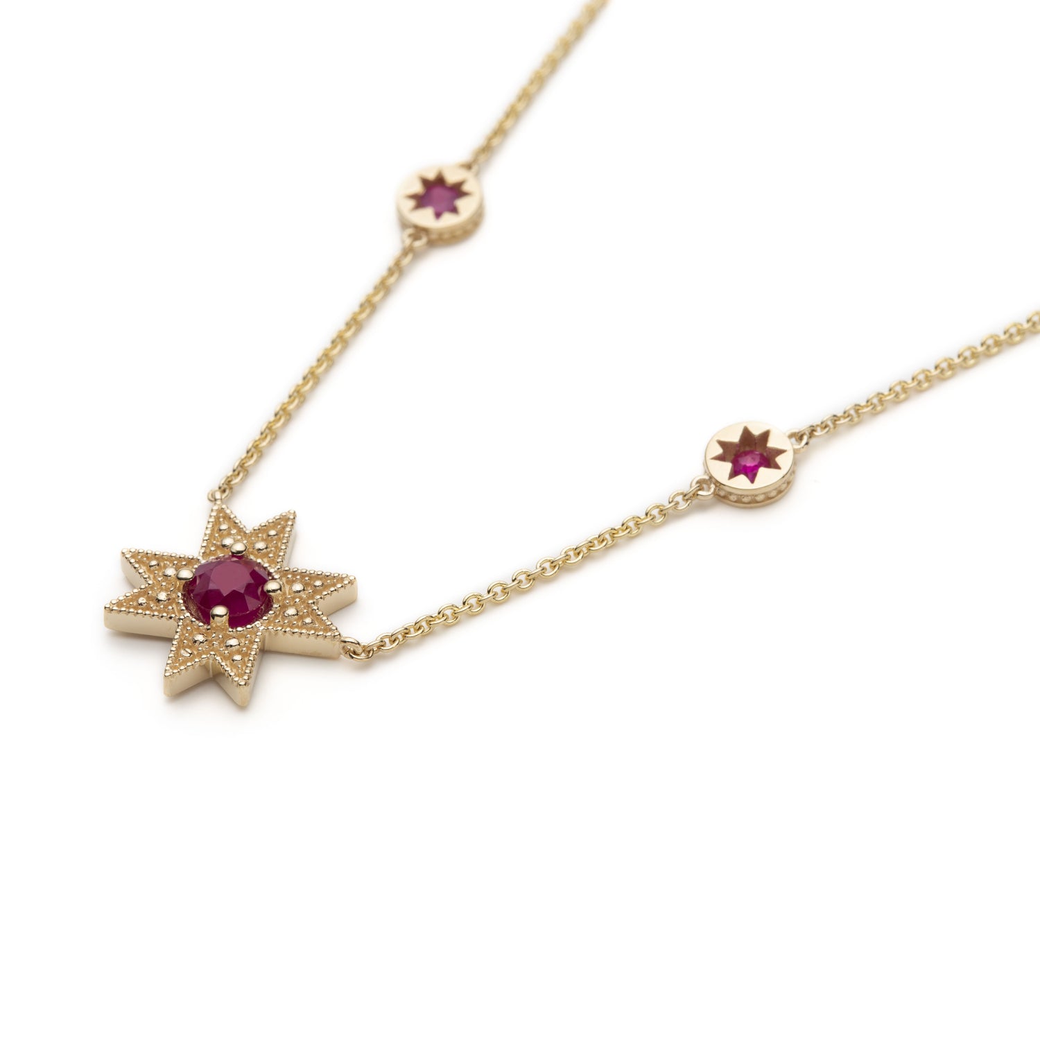 Asteri Round Cut Ruby Star Necklace Side View