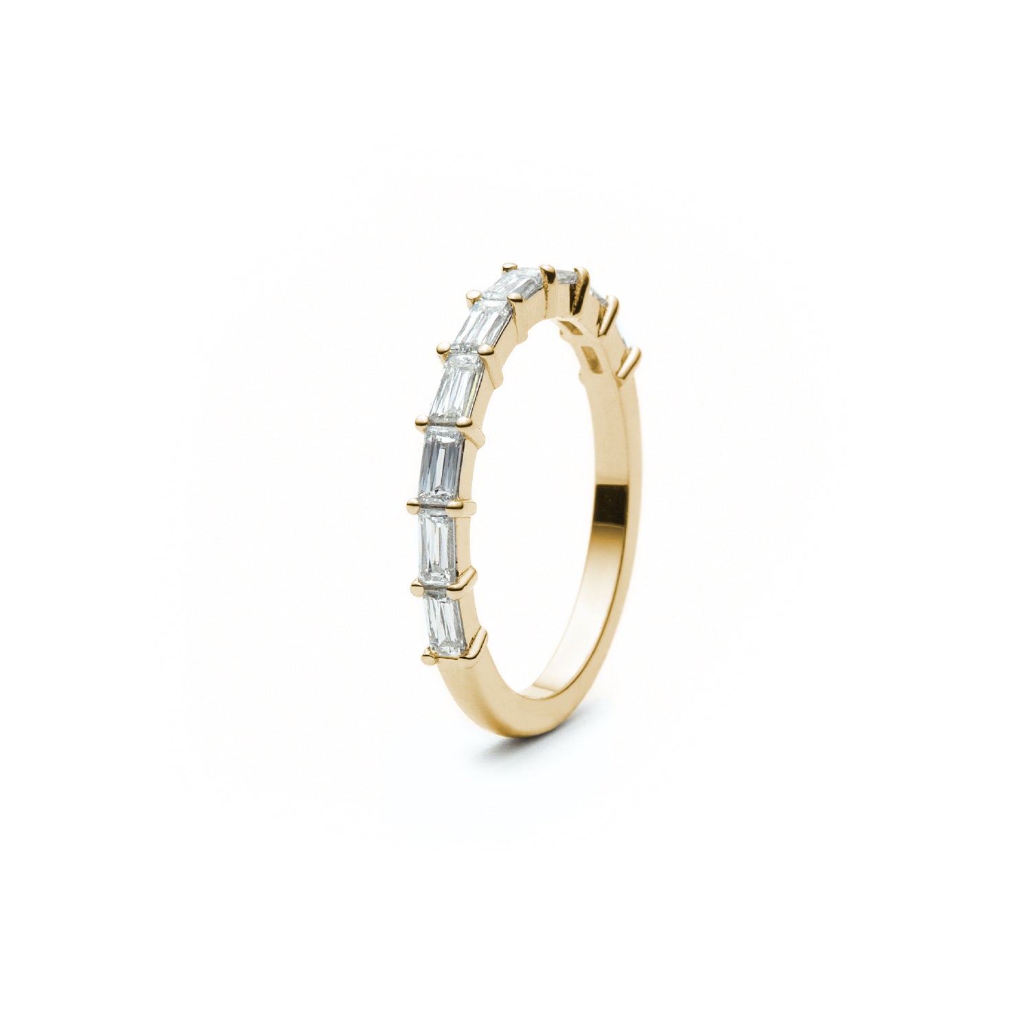 Baguette Cut Diamond Shared Prong Half-Eternity Ring in Yellow Gold Side View