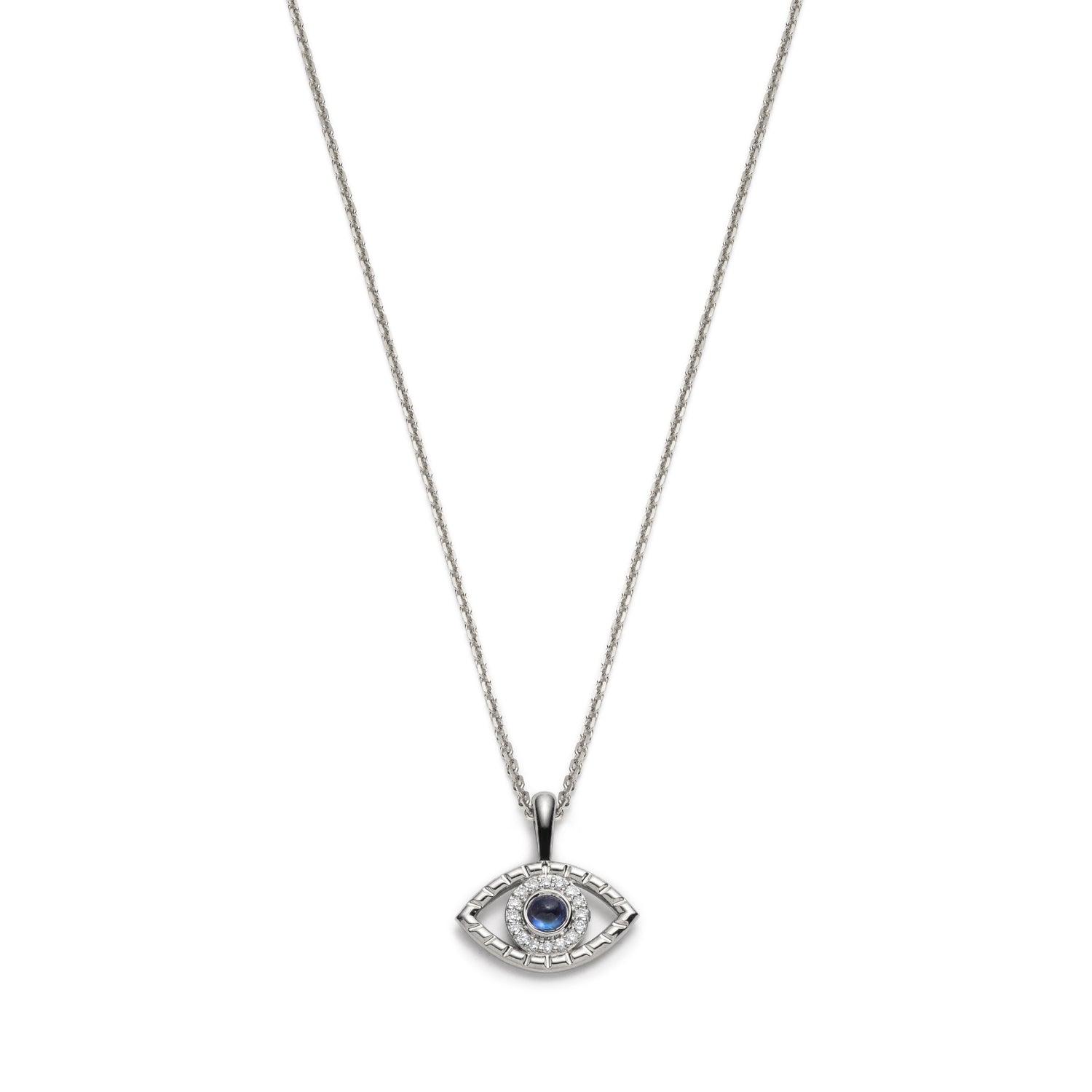 Blue Sapphire and Diamond Evil Eye Pendant in White Gold