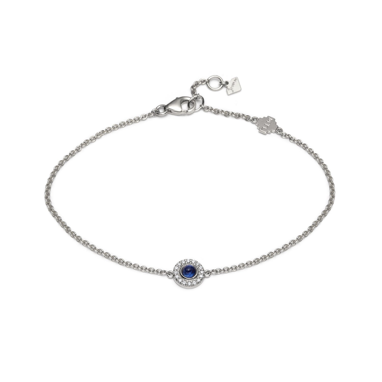 Cabochon Cut Blue Sapphire Diamond Halo Bracelet in White Gold