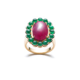 Cabochon Cut Ruby and Emerald Halo Engagement Ring