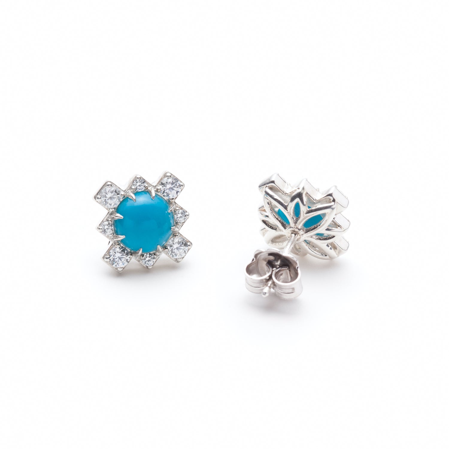 Cabochon Cut Turquoise and Lab-Grown Diamond Step Motif Stud Earrings in Sterling Silver