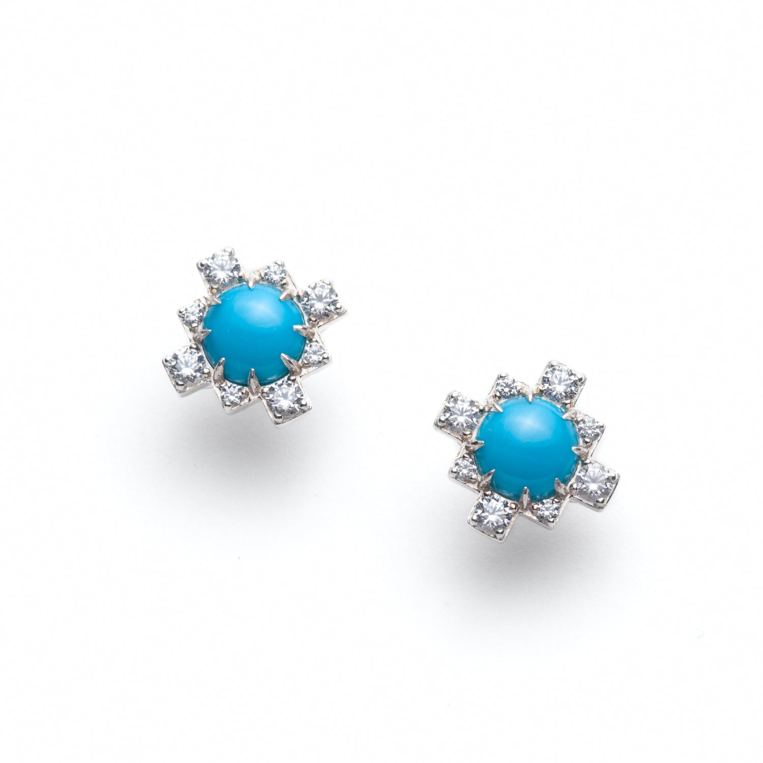 Cabochon Cut Turquoise and Lab-Grown Diamond Step Motif Stud Earrings in Sterling Silver