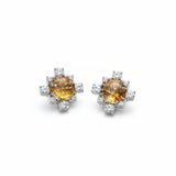 Checkerboard Cut Citrine and Lab-Grown Diamond Step Motif Stud Earrings in White Gold