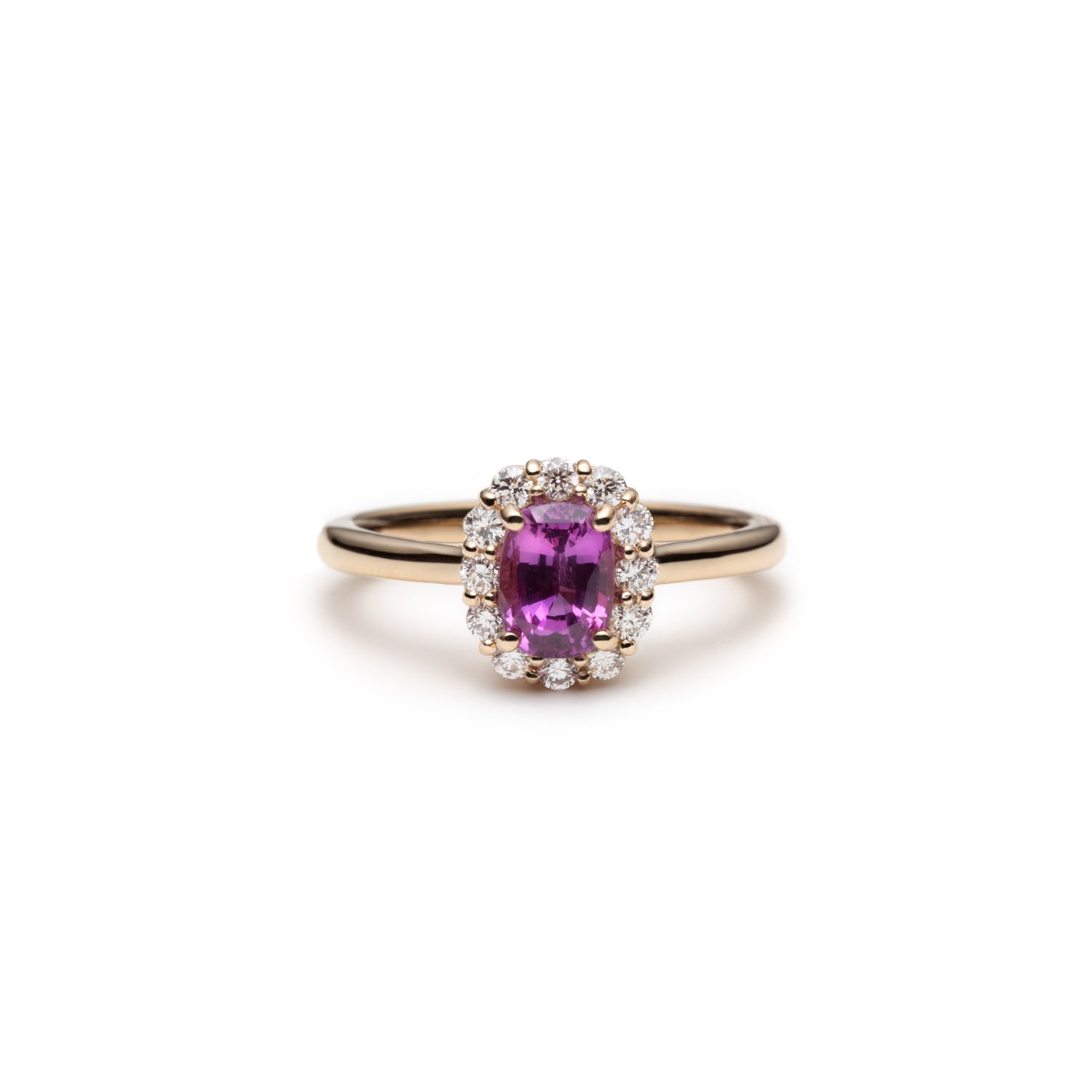 Cushion-Shaped Hot Pink Sapphire Diamond Halo Ring