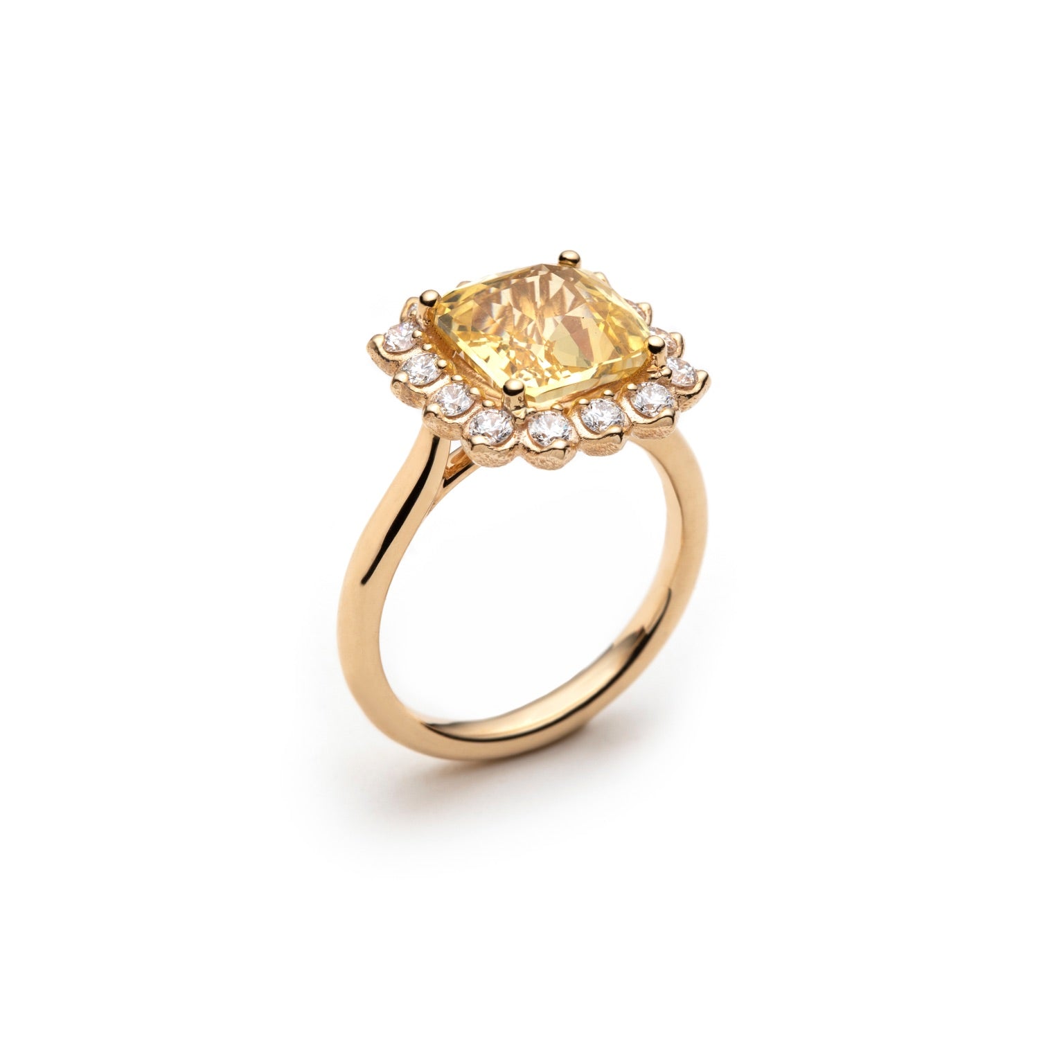 Cushion-Shaped Yellow Sapphire and Diamond Sunburst Halo Ring Side View