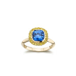 Cushion Cut Blue Sapphire and Yellow Diamond Halo Engagement Ring