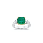 Cushion Cut Emerald and Pear-Shaped Diamond Three-Stone Engagement Ring