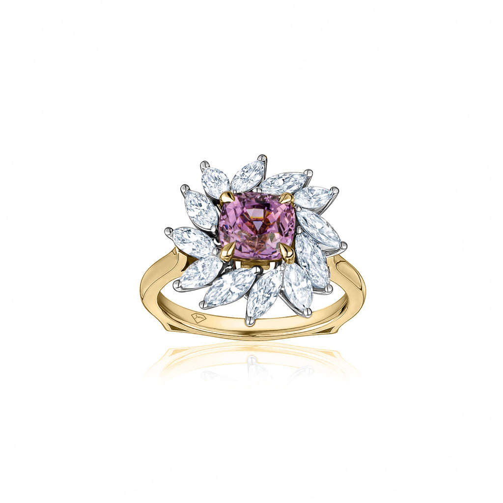 Bague de fiançailles spinelle rose taille coussin et diamant taille marquise