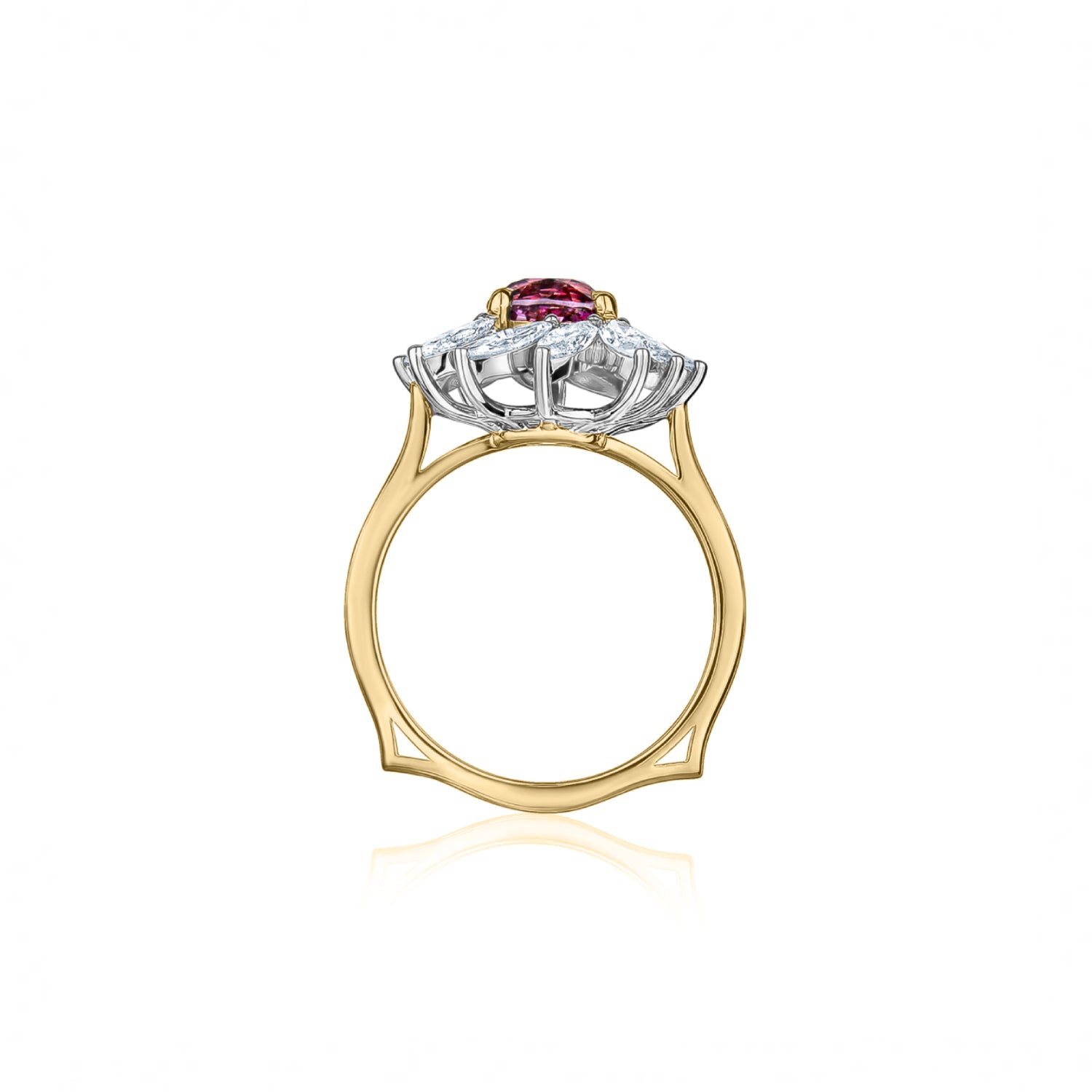 Cushion Cut Pink Spinel and Marquise Cut Diamond Engagement Ring in White and Yellow Gold Side View