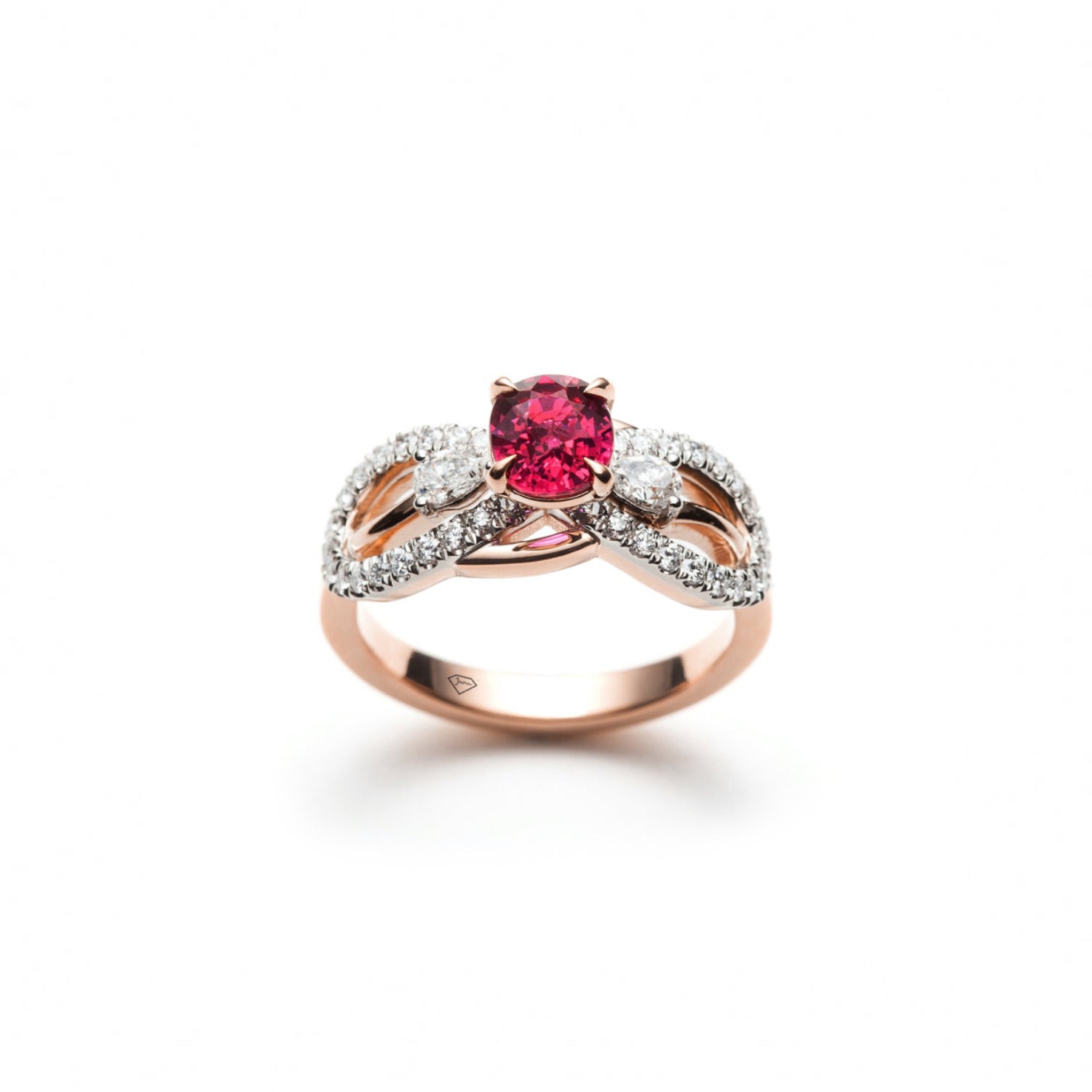 Cushion Cut Ruby and Diamond Infinity Engagement Ring in Rose Gold