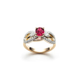 Cushion Cut Ruby and Diamond Infinity Engagement Ring in Yellow Gold