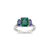 Cushion Cut Tourmaline and Marquise Cut Blue Sapphire Three-Stone Engagement Ring in White Gold