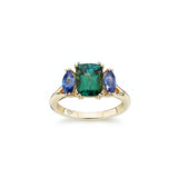 Cushion Cut Tourmaline and Marquise Cut Blue Sapphire Three-Stone Engagement Ring in Yellow Gold