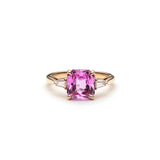 Cut Corner Square Scissor Cut Pink Sapphire and Tapered Baguette Diamond Three-Stone Ring