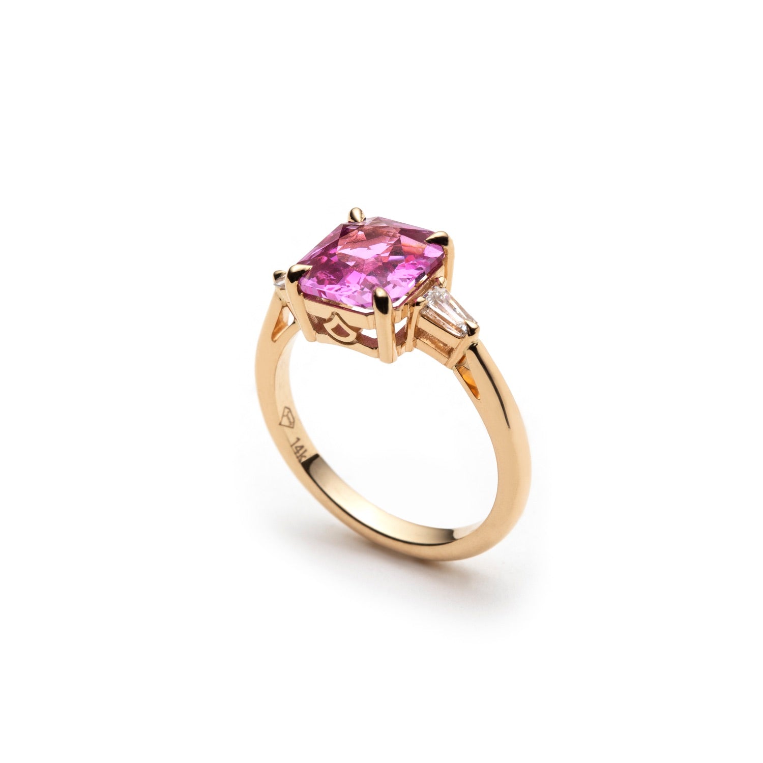 Cut Corner Square Scissor Cut Pink Sapphire and Tapered Baguette Diamond Three-Stone Ring Side View