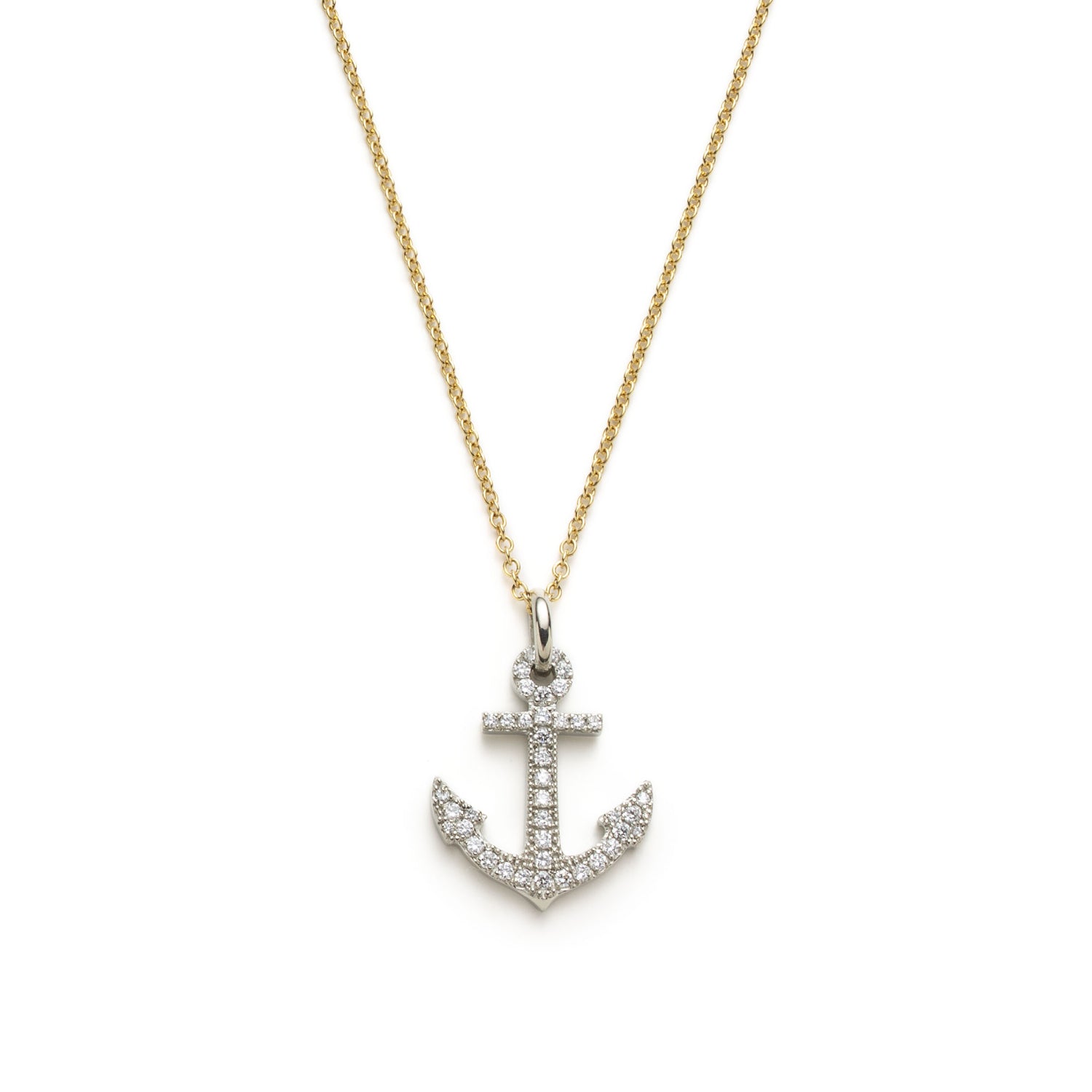 Diamond Pavé Nautical Anchor Two-Tone Gold Necklace