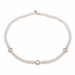 Diamond Pavé Three Step Motif Pearl Necklace in Rose Gold