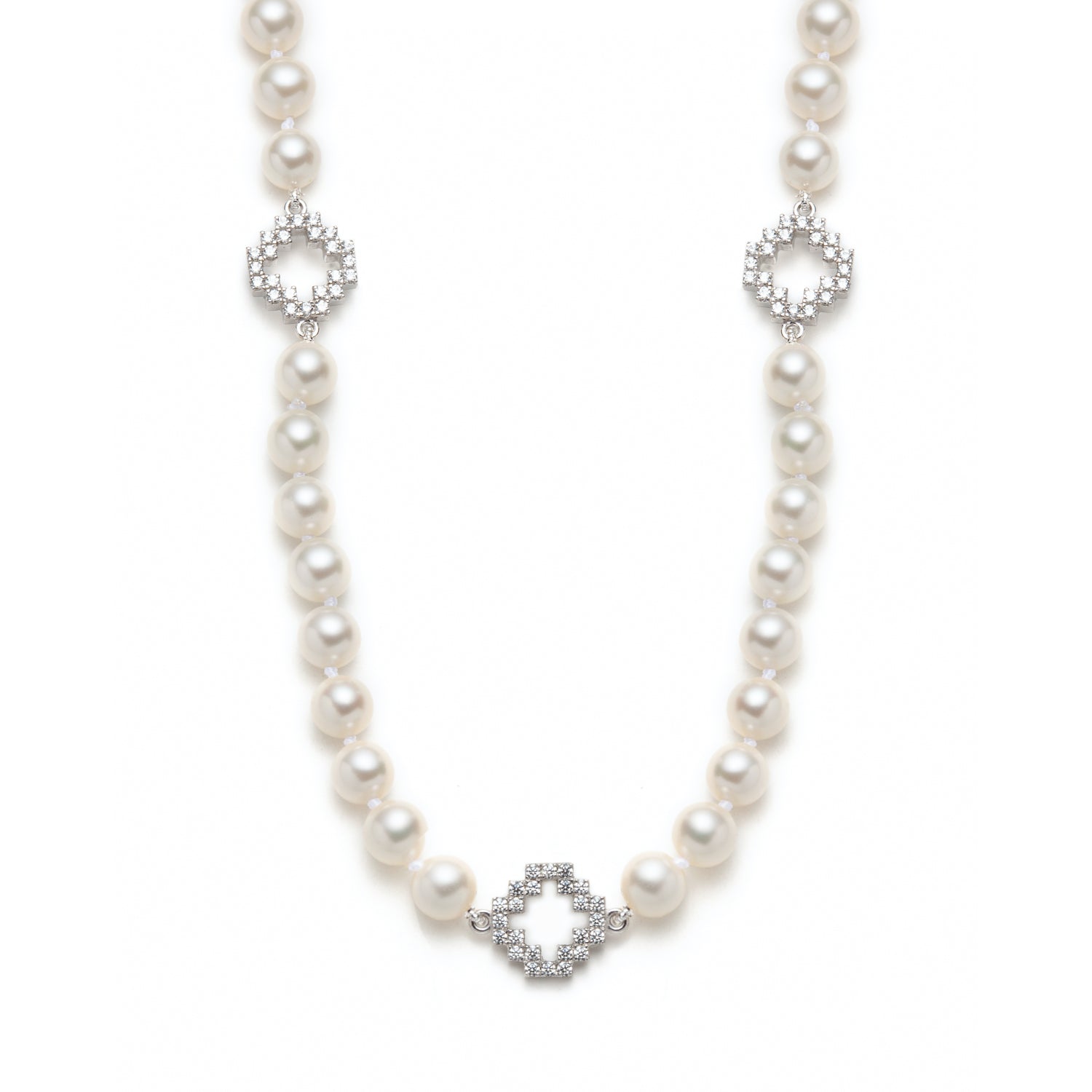 Diamond Pavé Three Step Motif Pearl Necklace in White Gold