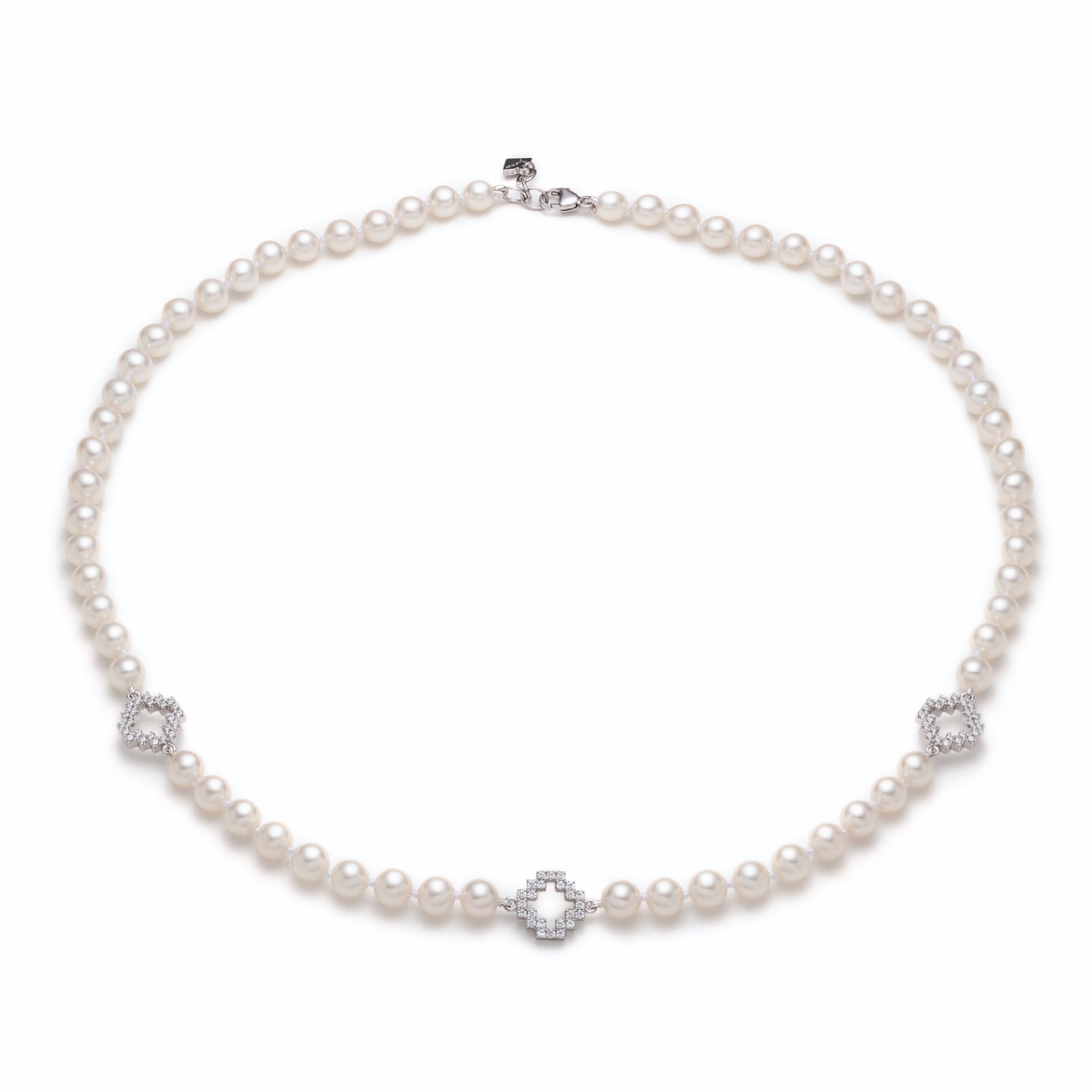 Diamond Pavé Three Step Motif Pearl Necklace in White Gold