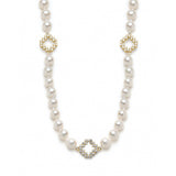 Diamond Pavé Three Step Motif Pearl Necklace in Yellow Gold