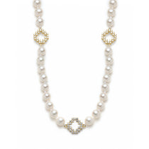 Diamond Pavé Three Step Motif Pearl Necklace in Yellow Gold