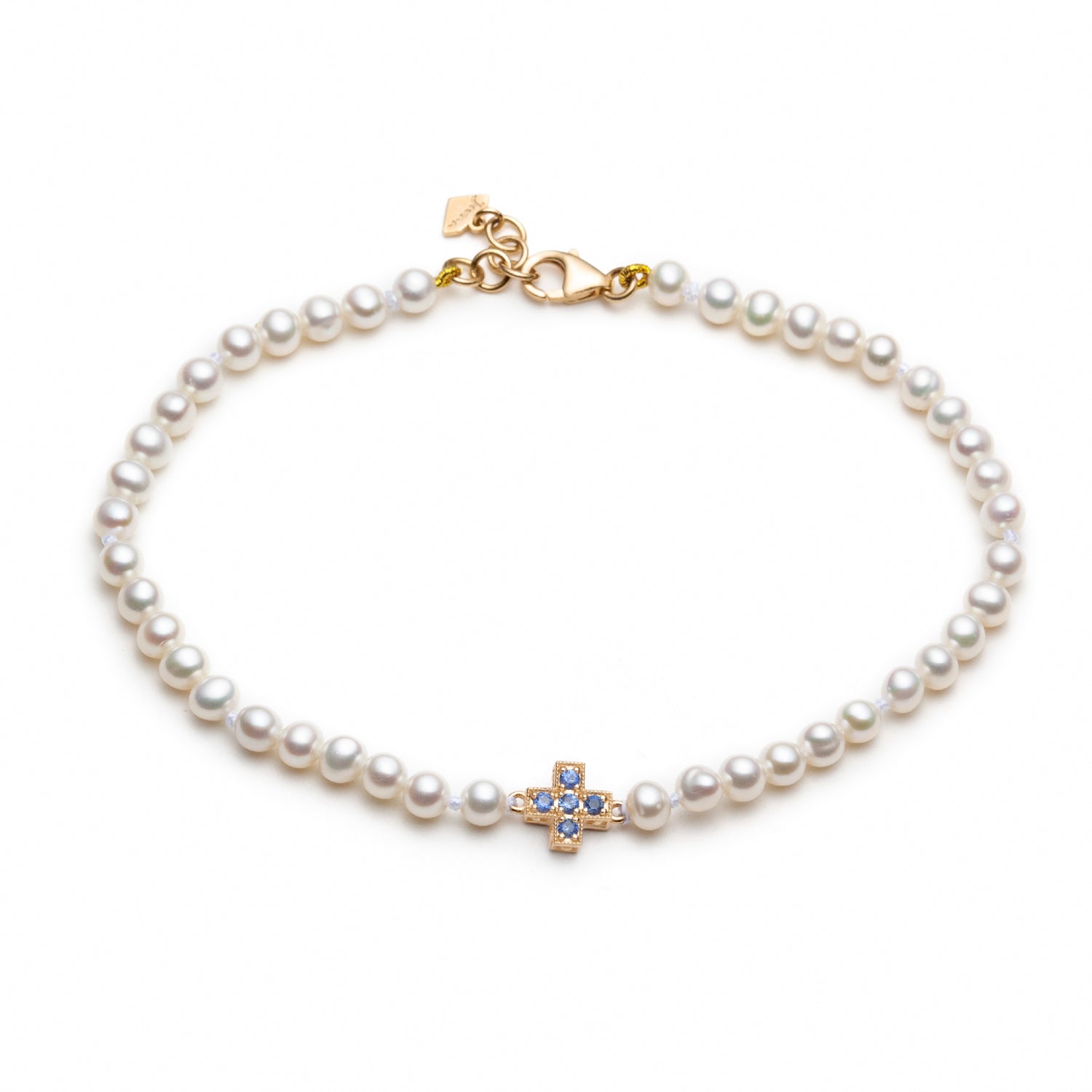 Diamond and Sapphire Reversible Cross Motif Pearl Bracelet in Yellow Gold