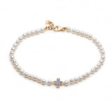 Diamond and Sapphire Reversible Cross Motif Pearl Bracelet in Yellow Gold