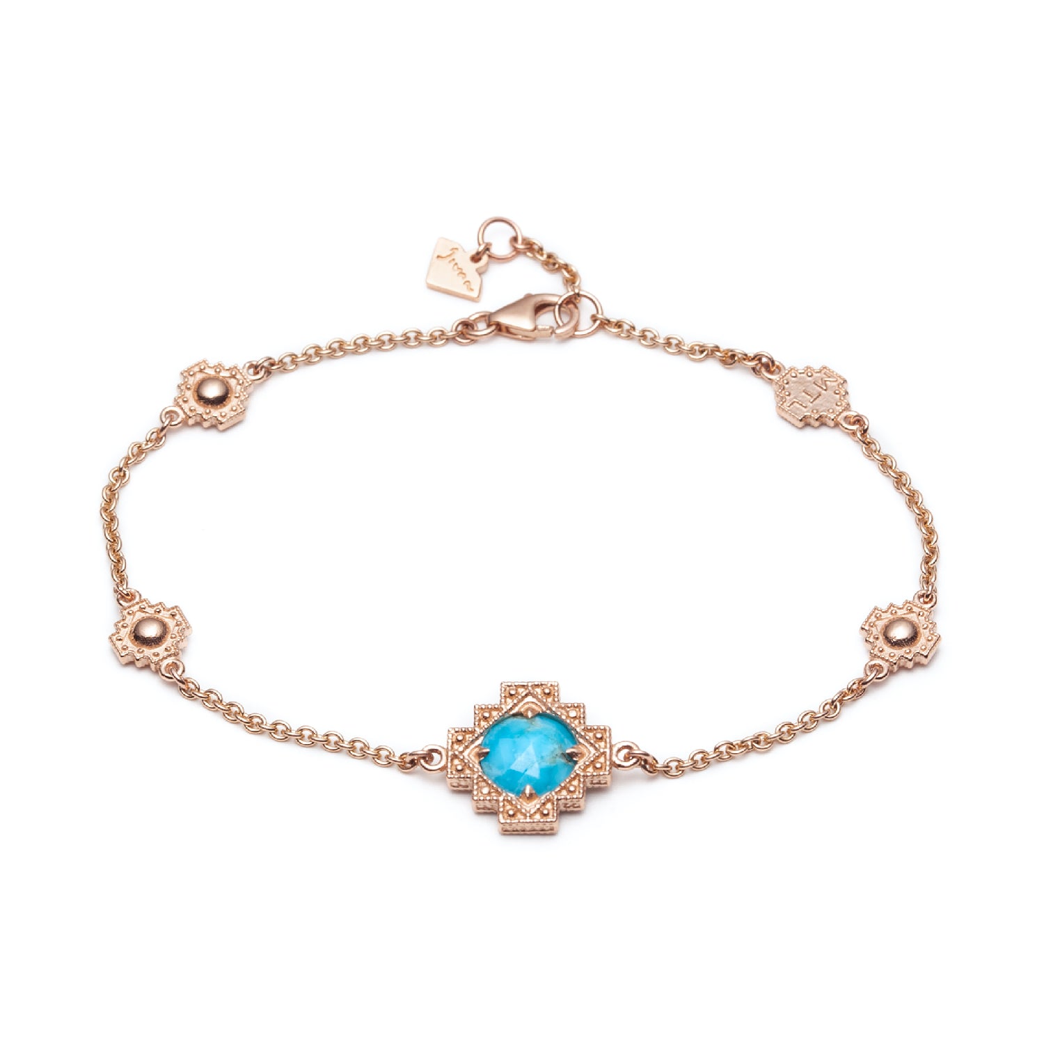 Double-Sided Rose Cut Turquoise Step Motif Bracelet in Rose Gold