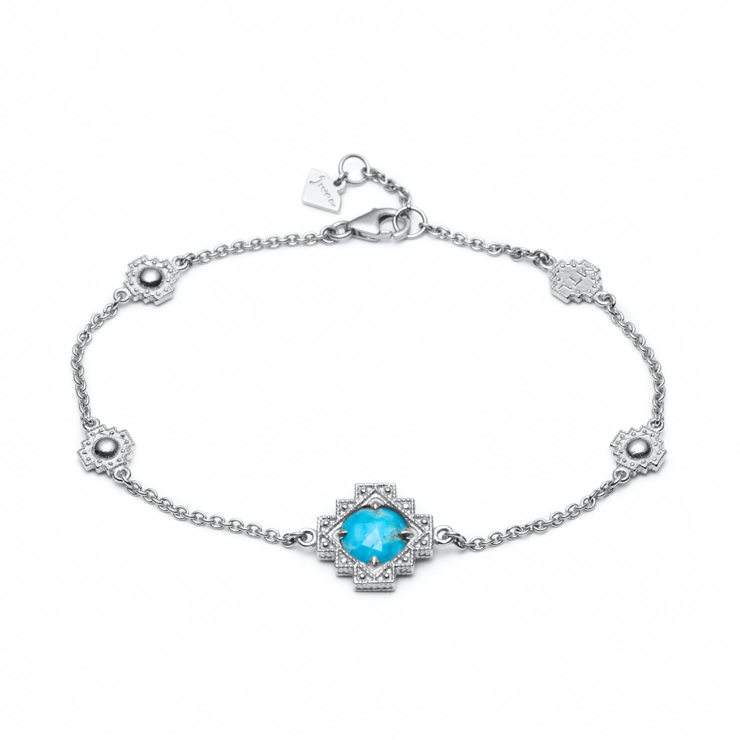 Double-Sided Rose Cut Turquoise Step Motif Bracelet in White Gold