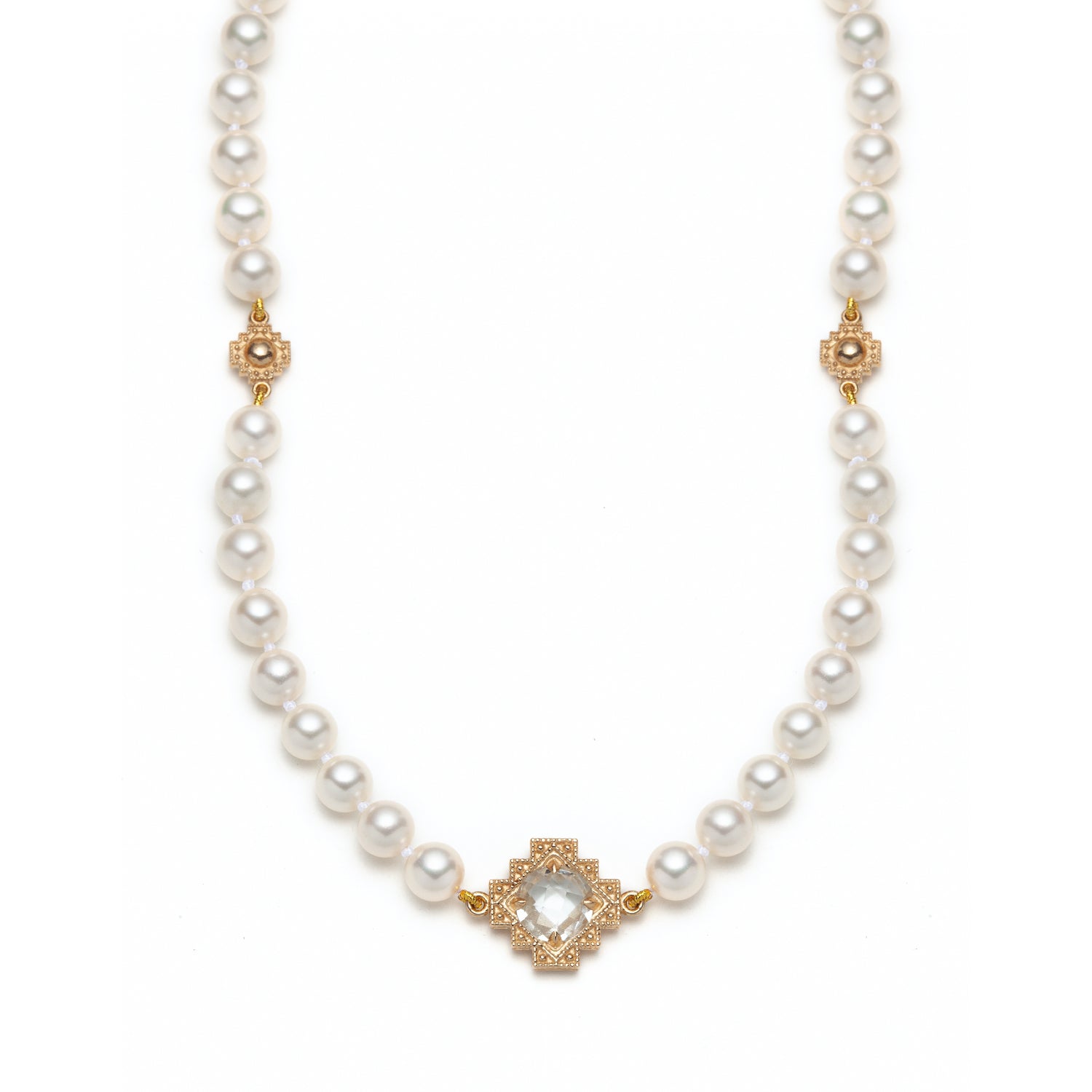 Double-Sided Rose Cut White Topaz Step Motif Pearl Necklace in Yellow Gold
