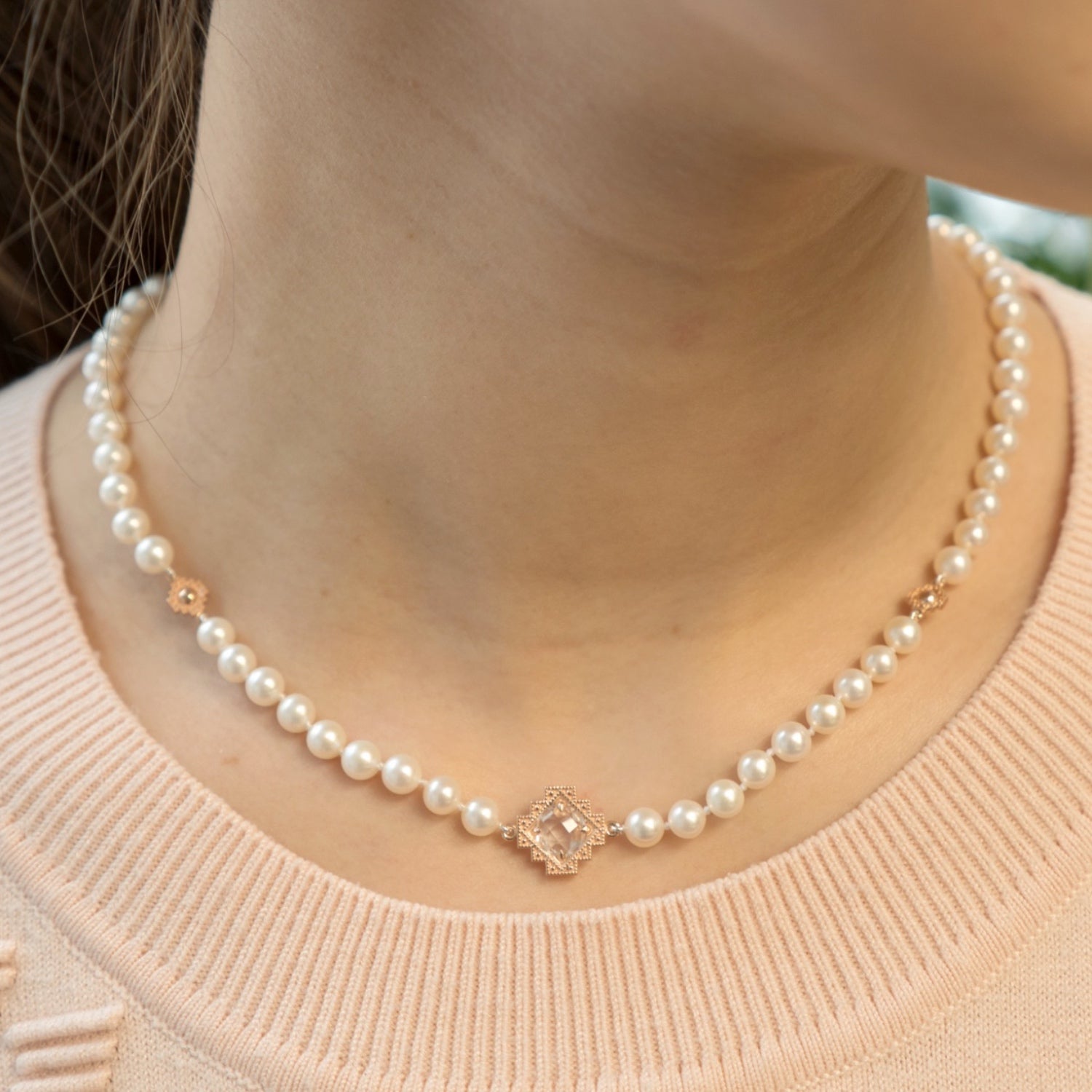 Double-Sided Rose Cut White Topaz Step Motif Pearl Necklace on a Model