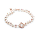 Double-Sided Rose Cut White Topaz Step Motif Pearl Bracelet in Rose Gold