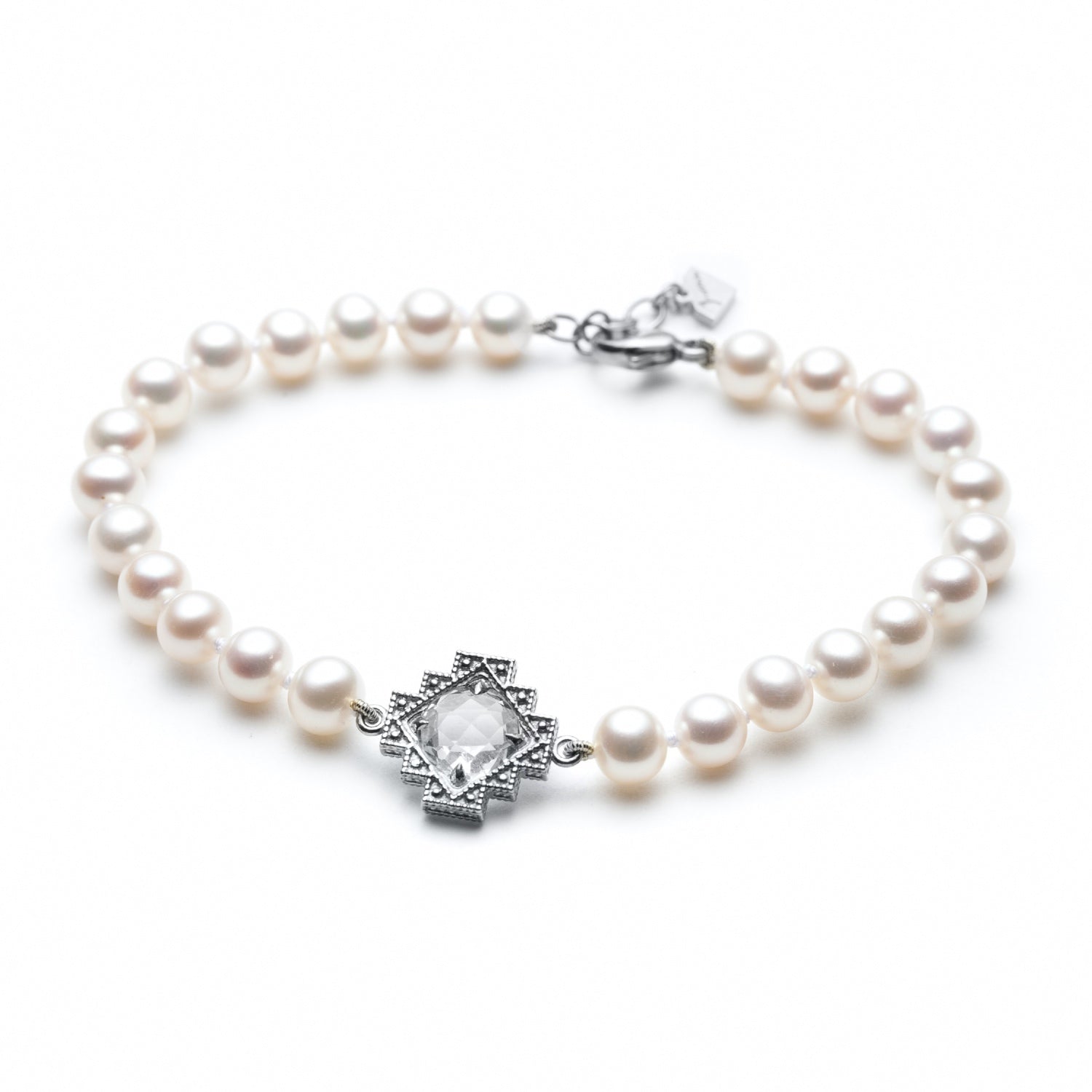 Double-Sided Rose Cut White Topaz Step Motif Pearl Bracelet in Sterling Silver