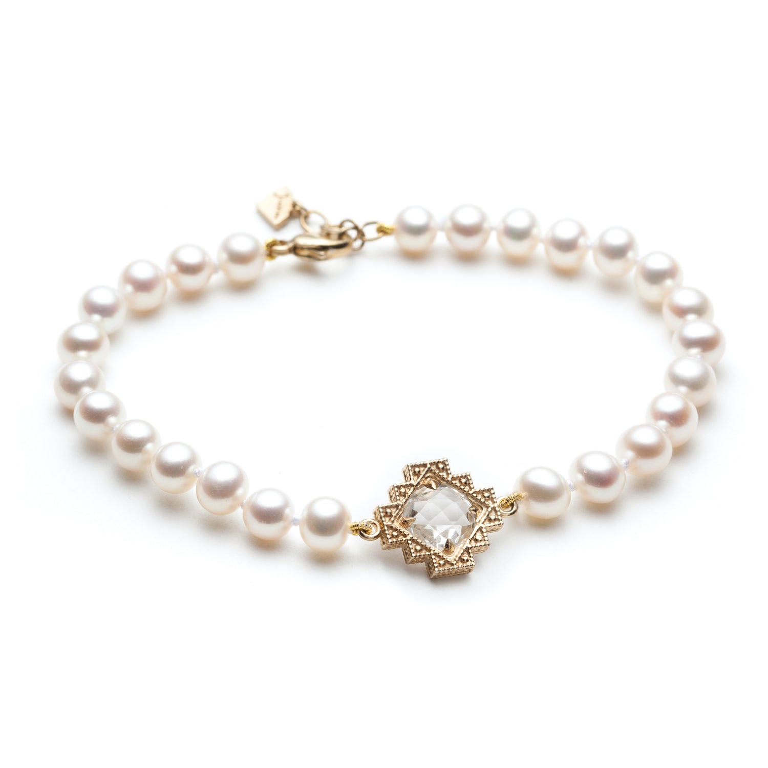 Double-Sided Rose Cut White Topaz Step Motif Pearl Bracelet in Yellow Gold