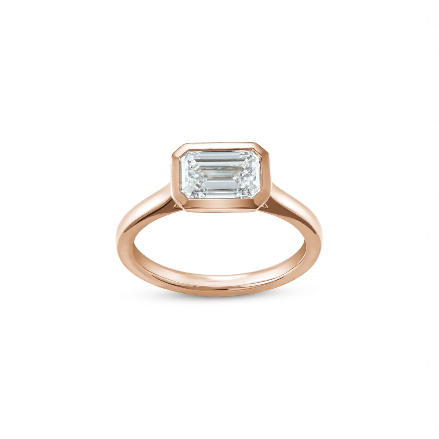 East-West Emerald Cut Lab-Grown Diamond Bezel Solitaire Engagement Ring in Rose Gold Front View