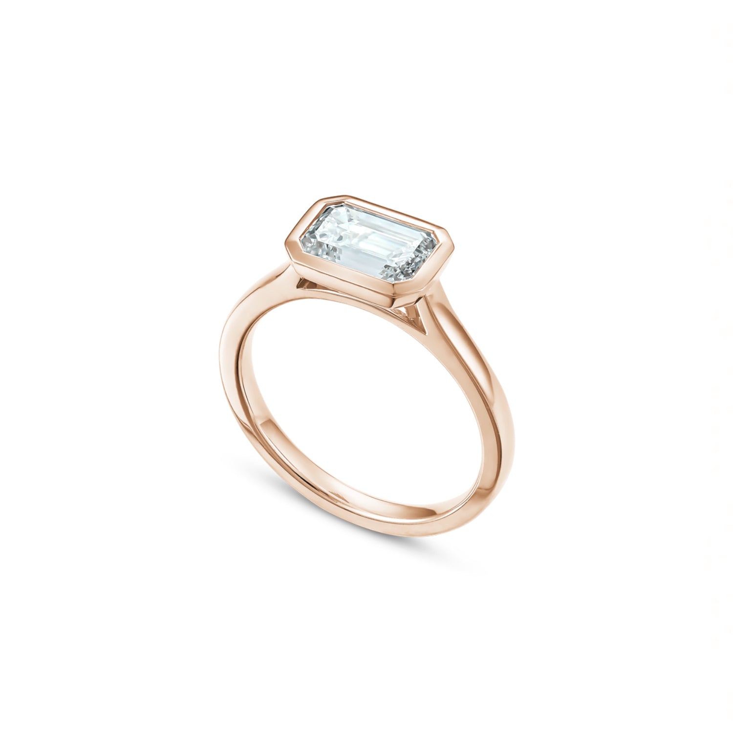East-West Emerald Cut Lab-Grown Diamond Bezel Solitaire Engagement Ring in Rose Gold Side View