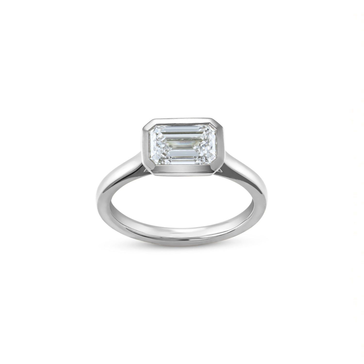 East-West Emerald Cut Lab-Grown Diamond Bezel Solitaire Engagement Ring in White Gold Front View