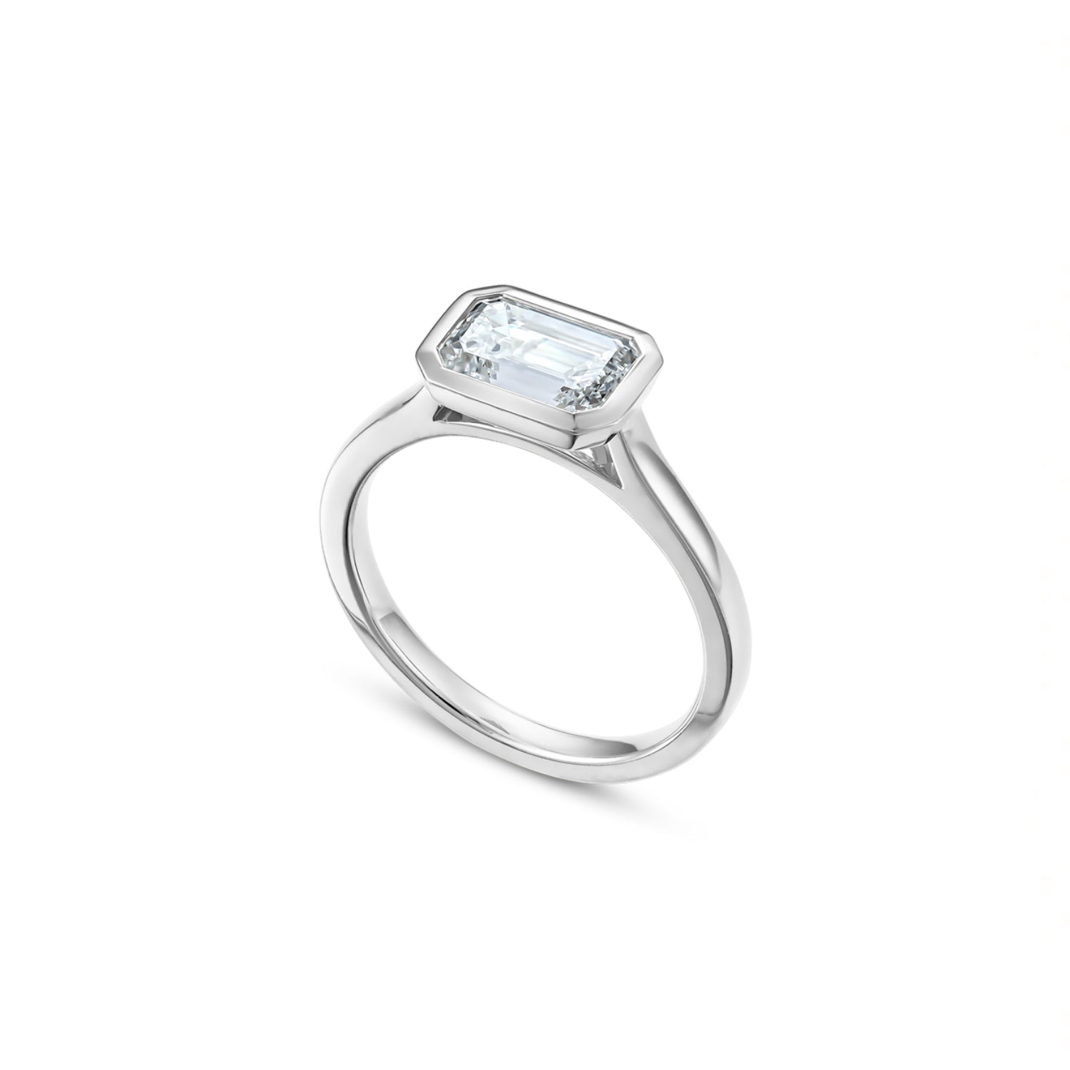 East-West Emerald Cut Lab-Grown Diamond Bezel Solitaire Engagement Ring in White Gold Side View